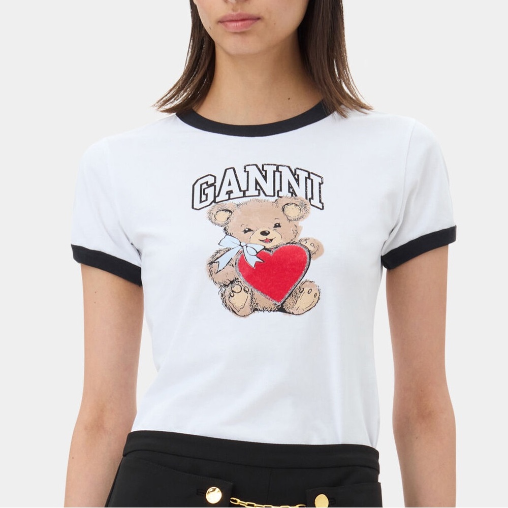 Authentic ganni teddy bear heart tee white ringer
